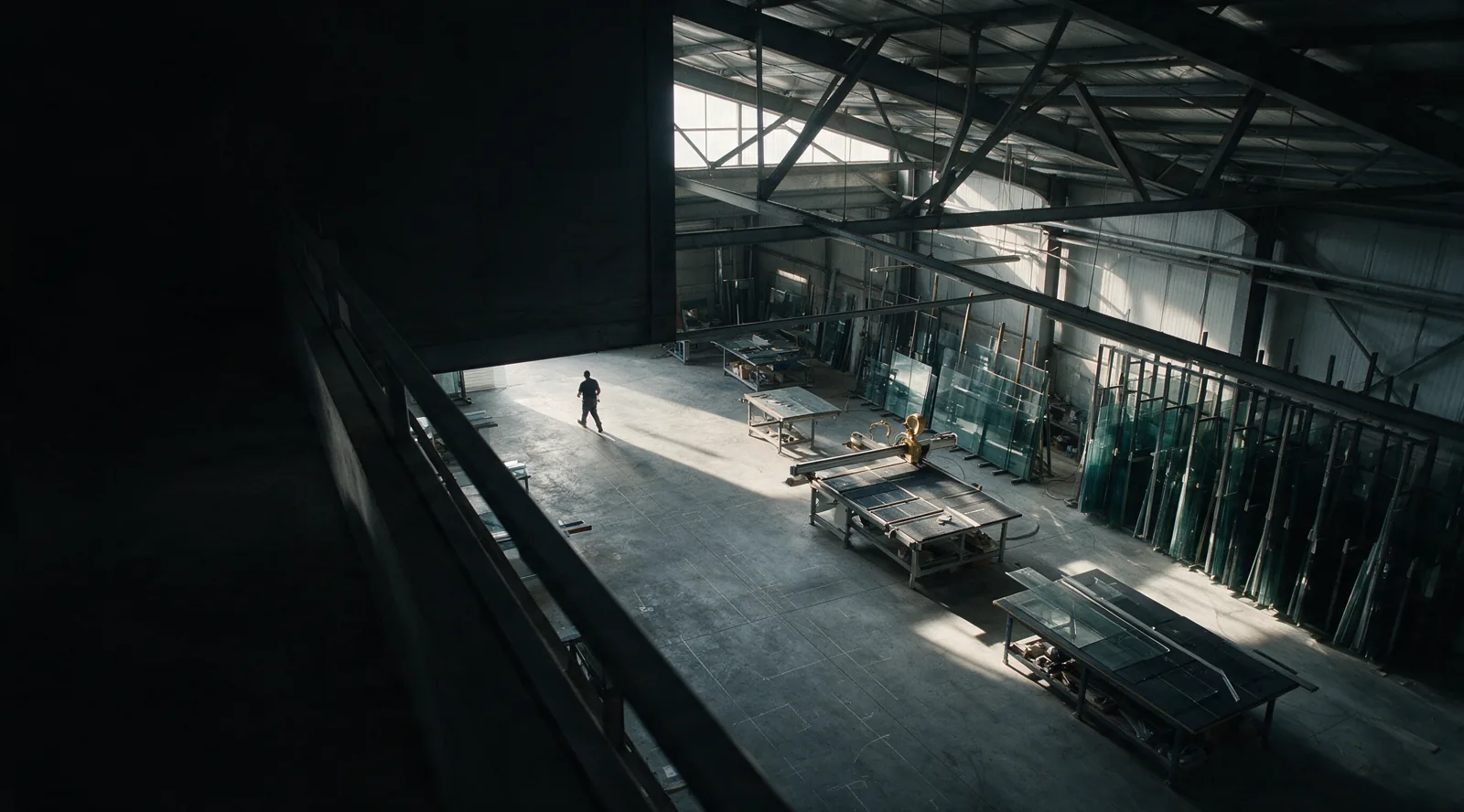 A fabrication floor seen from a high walkway: cutting benches, sheet racks and swept concrete.